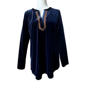 Susan Graver Artisan Velvet Blue Tunic Gold Bead Trim Long Sleeve Size Small